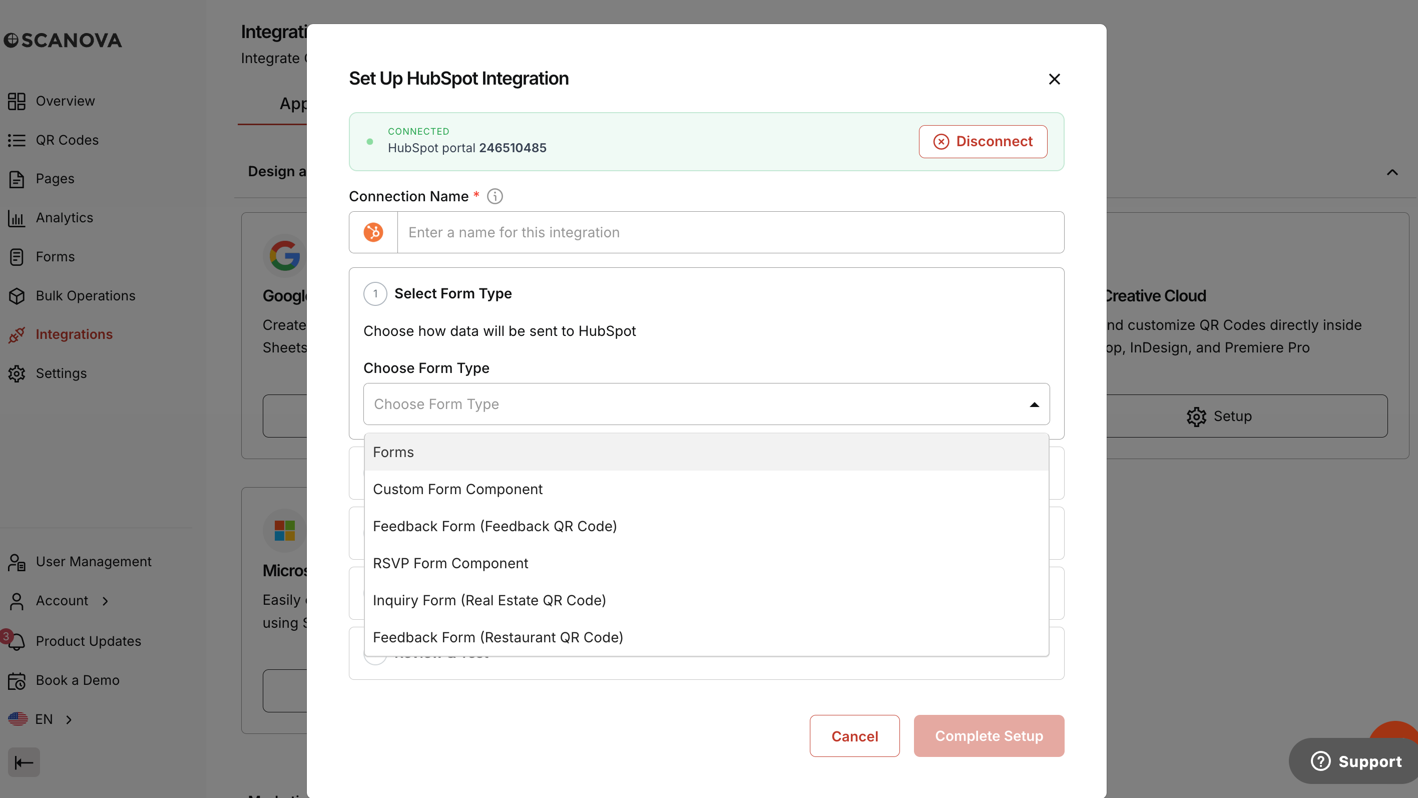 Modal showing the different types of Scanova forms that can be integrated
